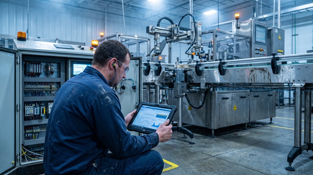 Engenheiro fazendo diagnóstico com tablet ao lado da linha automatizada