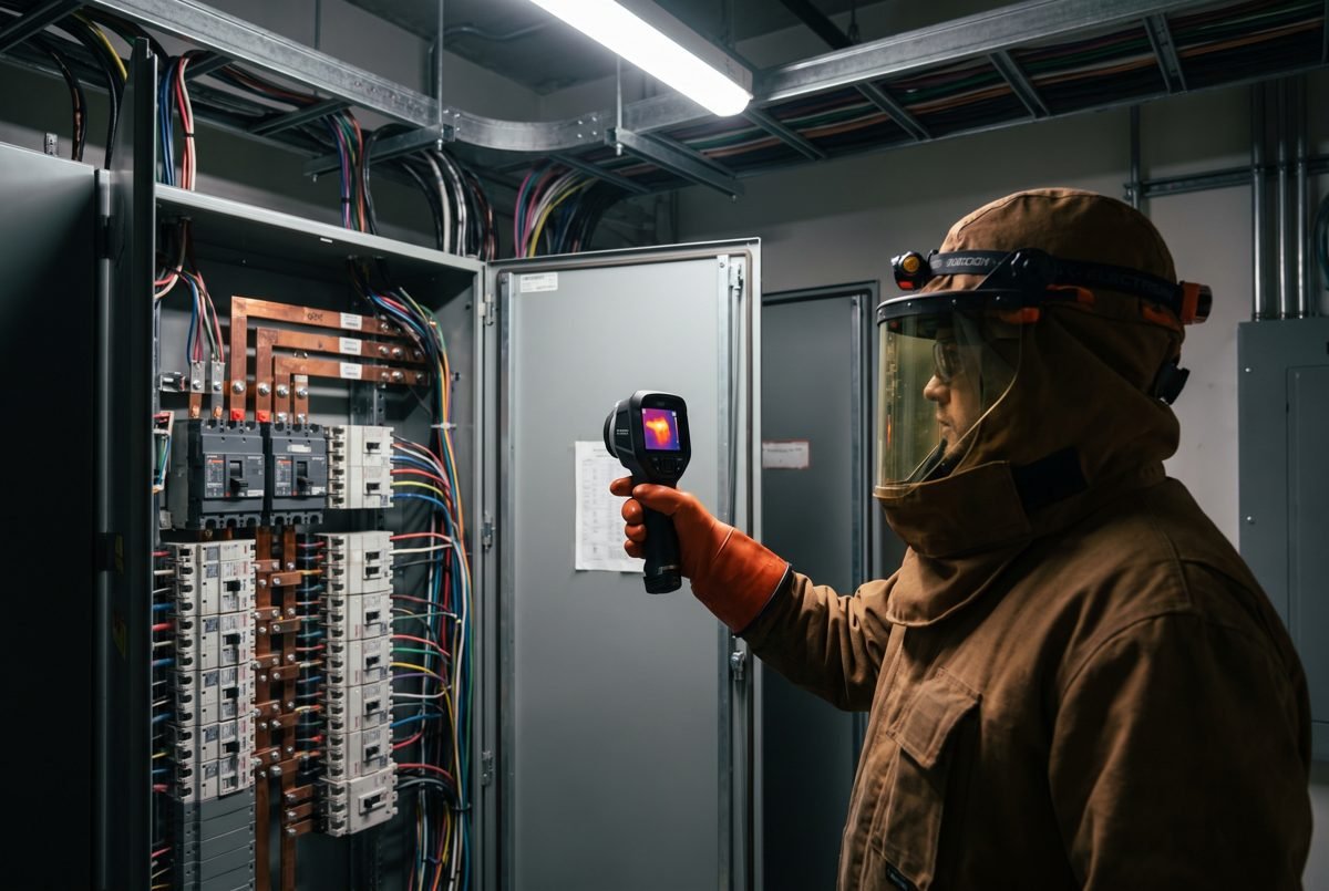 Eletricista fazendo termografia em painel de distribuição